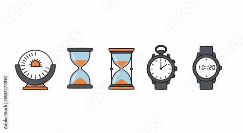 Simple line art illustrations of various timekeeping devices.
