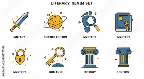 A colorful icon set representing literary genres: fantasy, science fiction, mystery, romance, and history.