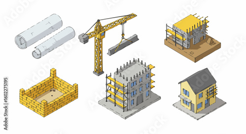 Isometric illustrations depict various stages of building construction, from blueprints to a completed house.