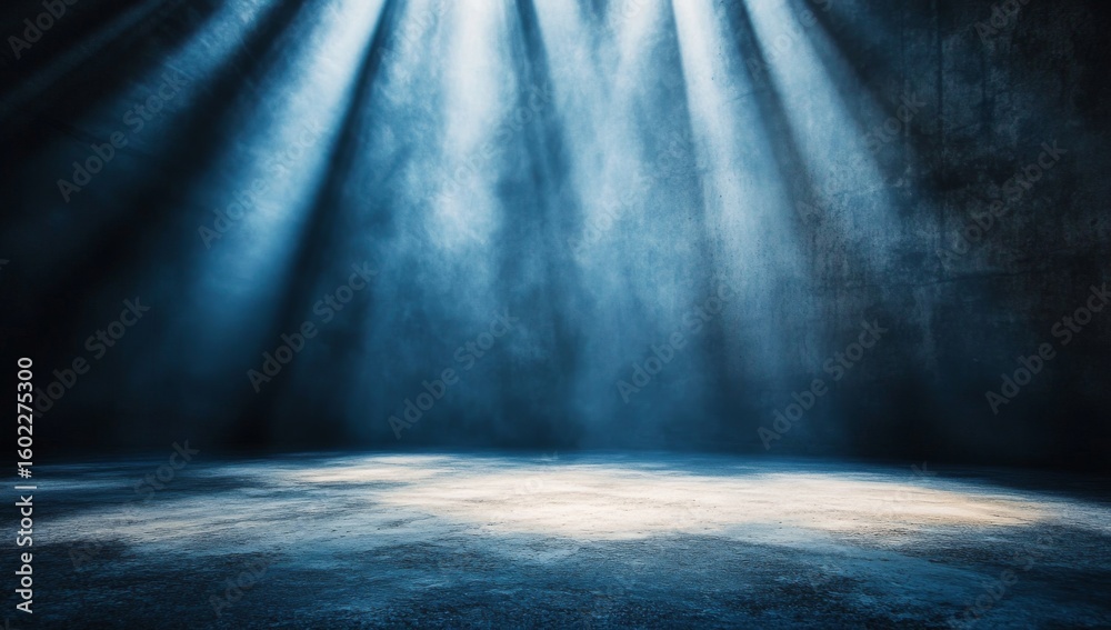 Obraz premium Dark room with blue spotlight shining on the floor and concrete wall.
