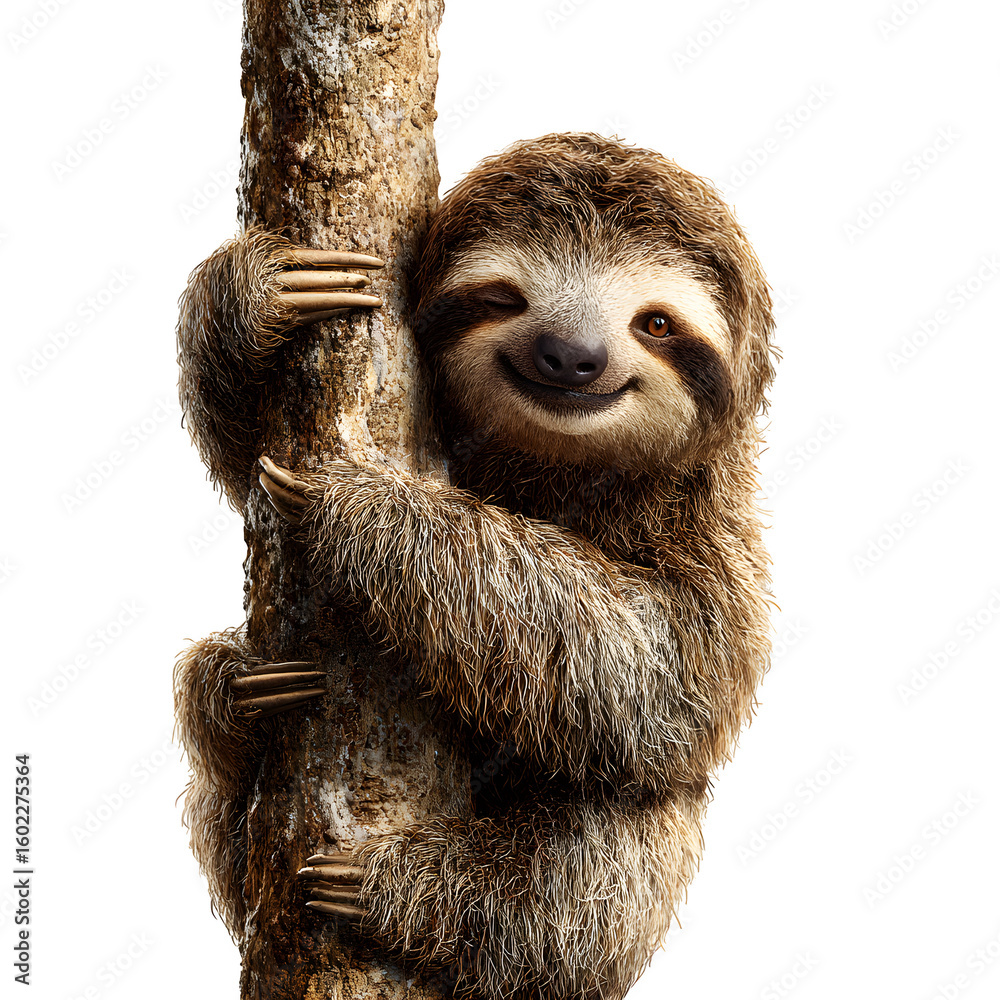 Fototapeta premium Happy sloth hugging a small tree and relaxed face and fuzzy limbs wrapped around the trunk and jungle atmosphere and isolated white background Batch realistic clean bright simple modern stock imag