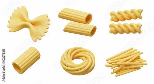 Various pasta shapes, including farfalle, rigatoni, fusilli, and spaghetti, arranged on white.