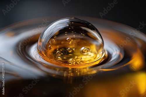 A close-up reveals a translucent sphere of amber liquid, afloat on a similar, swirling surface, tiny bubbles trapped within its glassy form.  The dark background accentuates the liquid's warm glow