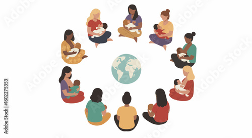Diverse mothers breastfeeding their babies in a circle around the globe, symbolizing global motherhood and breastfeeding support.