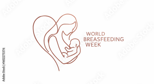 Minimalist line art illustration depicting a mother breastfeeding her baby, forming a heart shape, promoting World Breastfeeding Week.