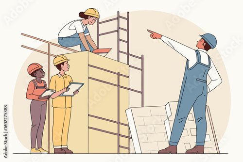 Construction workers collaborating on a building site with safety gear, tools, and scaffolding during a sunny day