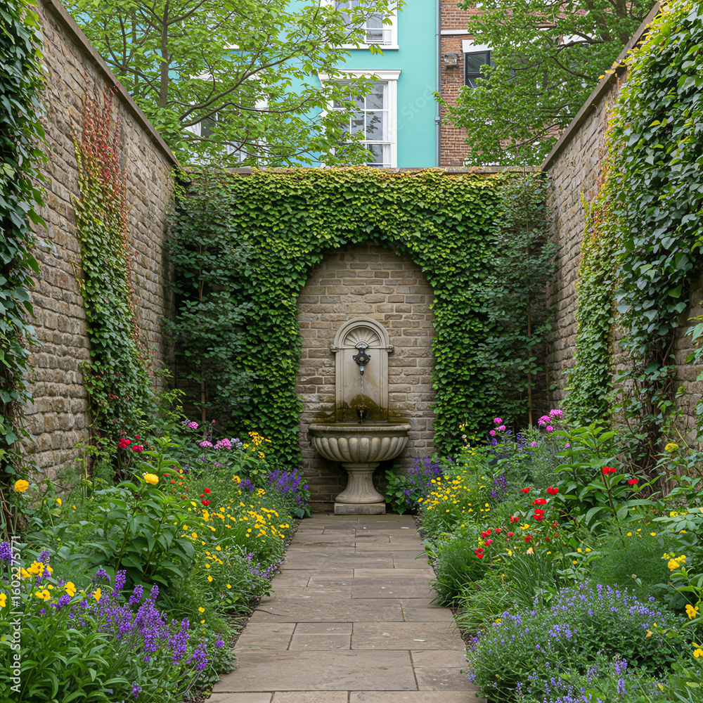 Fototapeta premium A serene garden scene featuring a stone fountain and colorful flowers.