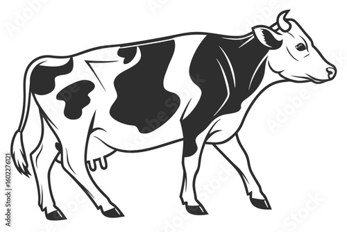 Black and white dairy cow standing in profile with a calm demeanor, showcasing its distinct markings and sturdy build on a light background