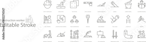Construction Worker Line Icon Set Including Various Activities. Editable Stroke Vector Illustration, Isolated on Transparent Background