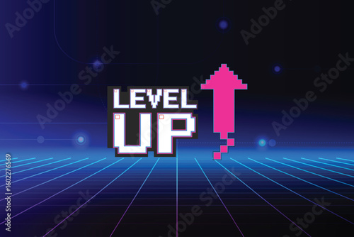 LEVEL UP icon pixel art. 8 bit game. retro game. Retro Futurism Sci-Fi Background. glowing neon grid. and stars from vintage arcade computer games