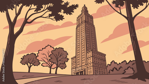Illustration of a tall building surrounded by trees under a pastel colored sky with clouds