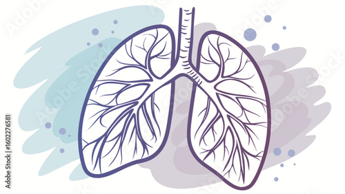 Illustration of human lungs with trachea and bronchi on a watercolor background with blue and purple hues