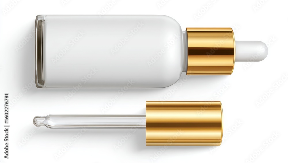 Fototapeta premium White glass dropper bottle with gold cap