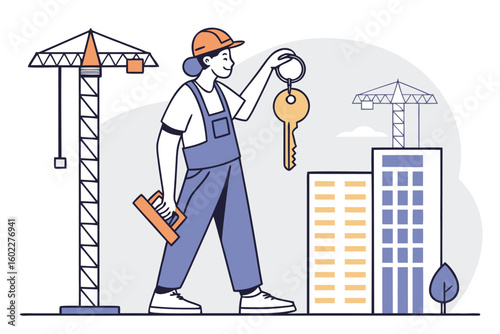 Construction worker displaying keys on a job site with cranes and buildings in the background during daytime