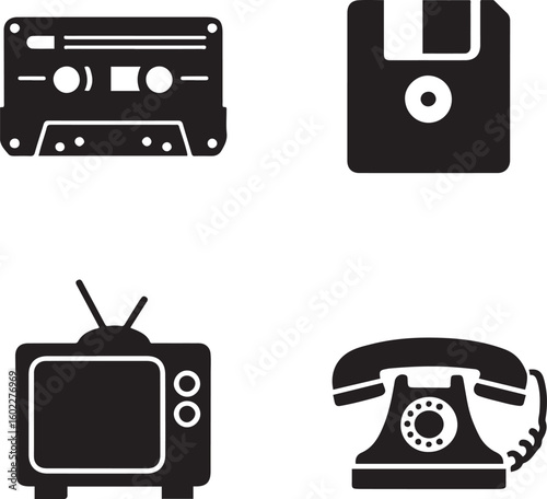Vintage technology icons cassette floppy disk television telephone