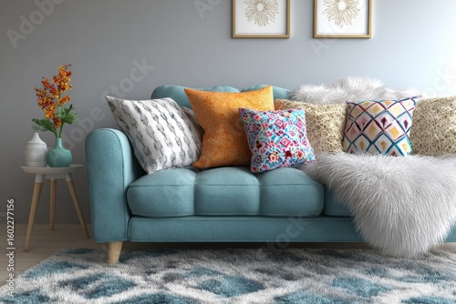 Gemütliches Wohnzimmer mit farbigen Kissen und flauschiger Decke auf hellblauem Sofa
