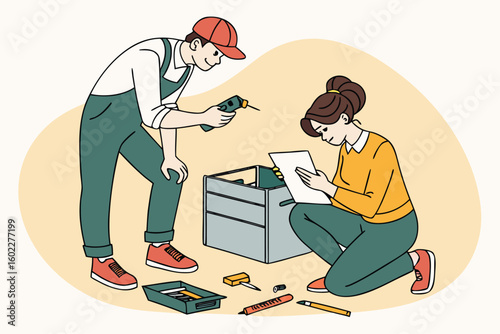 Couple engaged in DIY home project with tools and instructions in a cozy workspace