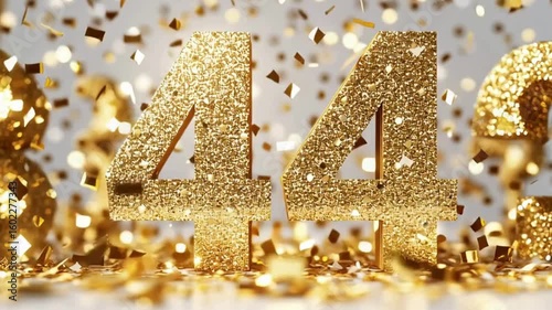 Golden Number 44 with Sparkling Confetti Background for Celebrations
