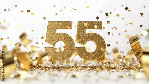 Golden Number 55 with Glittering Confetti on Bright Background