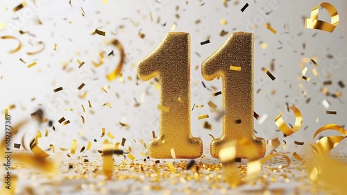 Golden Number Eleven Surrounded by Confetti and Celebration Elements