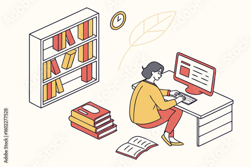 Person studying at desk with computer in cozy room surrounded by books, clock on wall, and organized bookshelves during afternoon