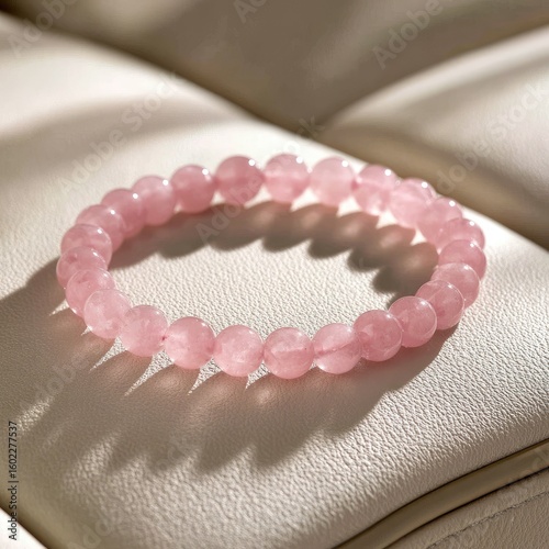 A delicate bracelet of pale pink, round gemstone beads rests on a light beige, cushioned surface. Soft, natural light casts gentle shadows