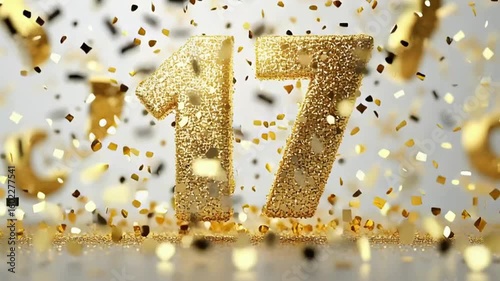 Bright Gold Number 17 with Confetti on a Sparkling Background
