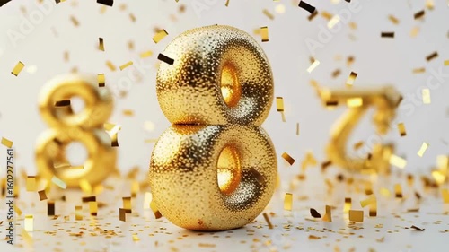 Shiny Gold Number Eight with Confetti for Celebration Events