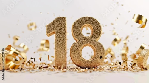 Golden Number Eighteen Surrounded by Glitter and Confetti Accents
