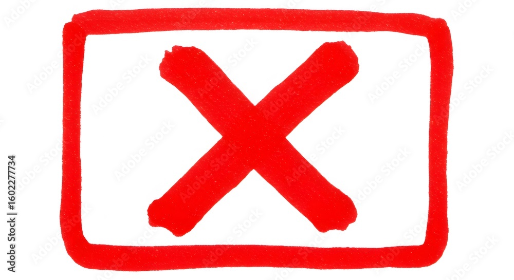 Fototapeta premium Bold Red X in Square: Hand-Drawn Rejection Symbol on White Background