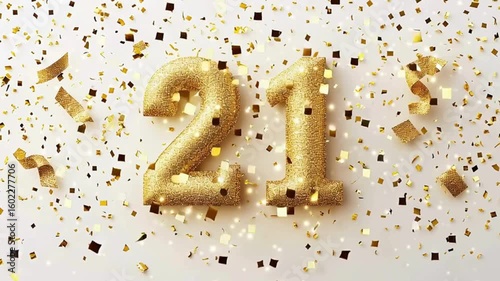 Glittering Gold Number Twenty-One with Confetti for Celebration
