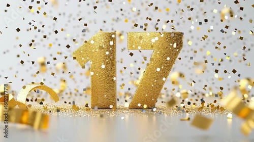 Golden Number 17 Surrounded by Shimmering Confetti and Glitter