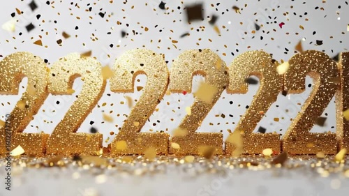 Sparkling Golden Number 22 with Confetti and Shimmering Background