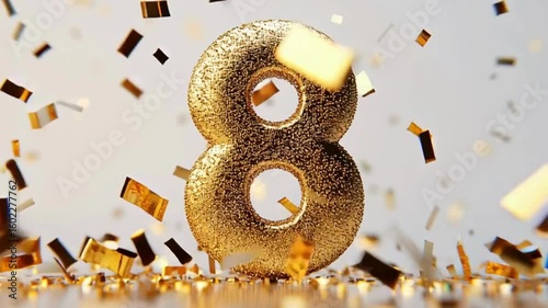 Shiny Golden Number Eight Surrounded by Glitter and Confetti