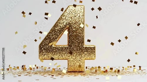 Glittering Gold Number Four with Confetti Celebration Background
