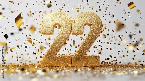 Golden Number 22 Decorative Celebration with Confetti and Sparkles
