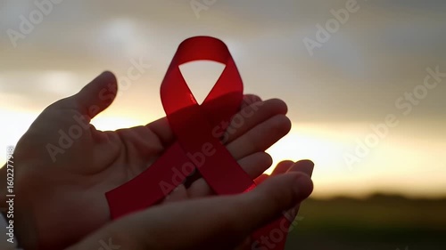 Close Up of Hands Holding a Red Ribbon Symbolizing Aids Awareness at Golden Sunset
