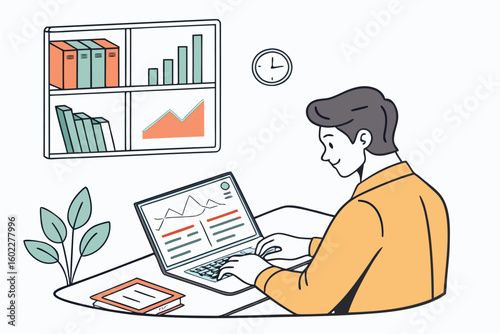 Individual working on data analysis at a desk with charts and graphs during the day in a bright and organized workspace