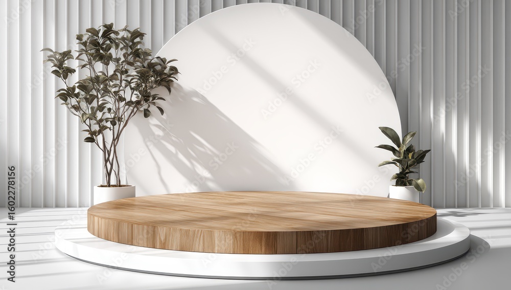 Minimalist wooden podium with plants Minimalist wooden podium with plants