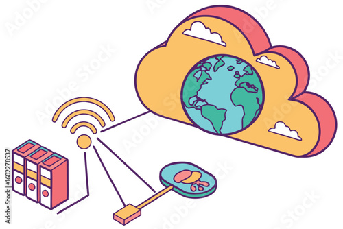 Cloud computing concept with interconnected server systems and a global network displayed in a colorful illustration