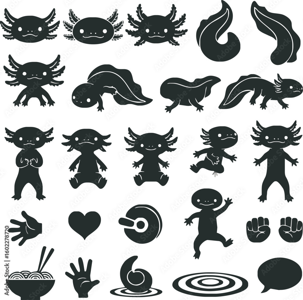 Obraz premium A collection of black silhouette icons featuring axolotls in various poses and life stages, along with other related symbols.