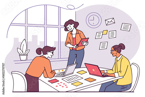 Collaborative brainstorming session taking place in a bright office with three women discussing ideas while using laptops and tablets during the day