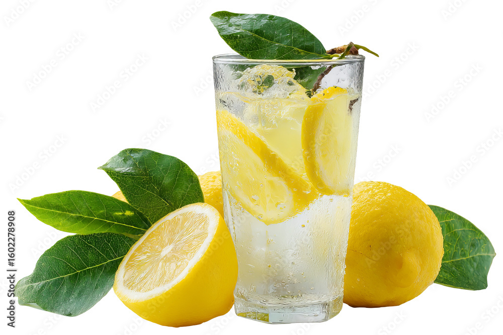 Fototapeta premium Zesty summer lemon juice splash in frosted glass with icy condensation — ultra‑detailed high‑resolution transparent PNG cutout ideal for refreshing citrus beverage branding and healthy drink menu