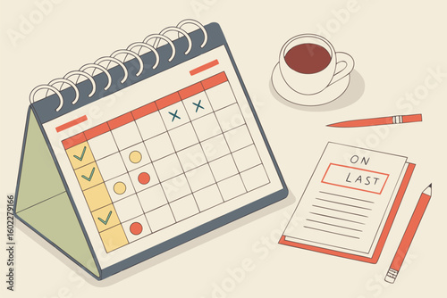 Organized workspace with calendar, notes, and coffee cup beside it, designed to enhance productivity and time management