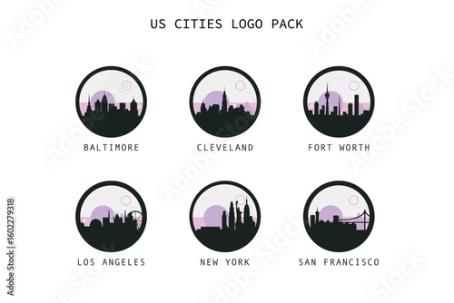 American cities skyline, panoramic logos set. USA cityscape contour badge pack, isolated vector vista of Baltimore, Cleveland, Fort Worth, Los Angeles, New York, San Francisco