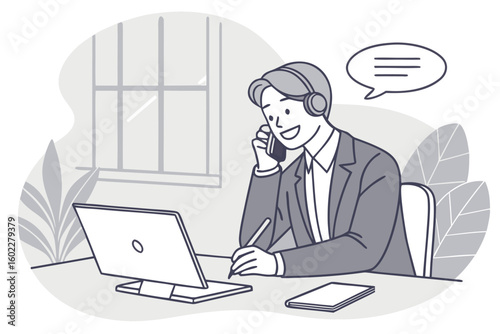 Professional man engaged in a phone conversation while taking notes at his desk during a work session at home
