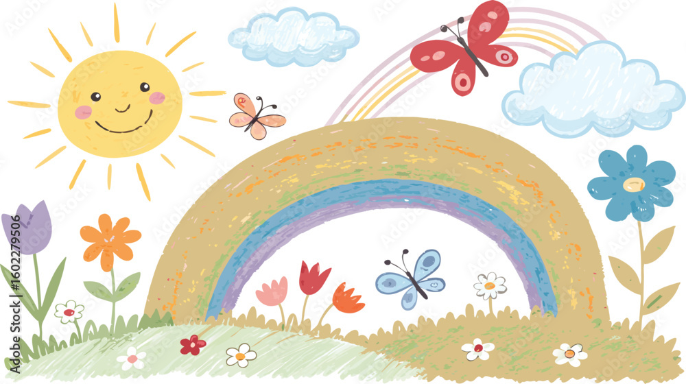 Naklejka premium Joyful Crayon Doodle Set Rainbow, Sun, Clouds, Flowers, Butterflies and Grass.