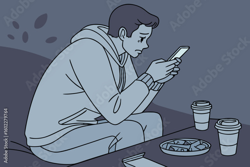 Young man sits alone in dim room, engrossed in phone while surrounded by snacks and empty cups on table