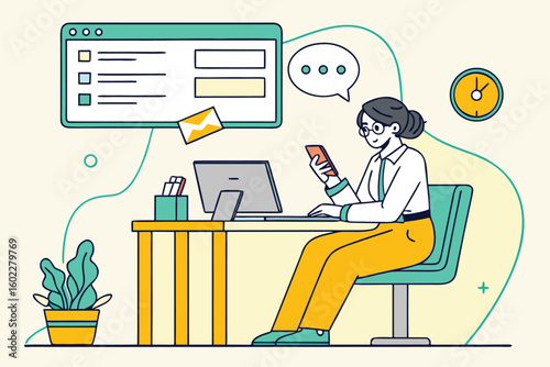 Young woman working at home office desk while using smartphone and computer during day