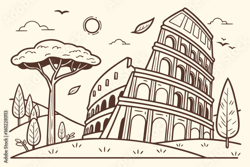 Illustration of the leaning Colosseum surrounded by trees and hills under a bright sun with clouds and birds, capturing a serene moment of nature and history